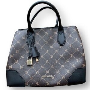 Nine West Brooklyn Jet Set Satchel Brown Black Logo Polyurethane Bag Purse Tote